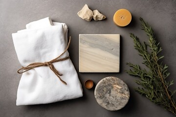 Embrace a moment of self-care with a flat lay aerial view featuring handcrafted soap, a plush towel, and calming incense, all thoughtfully arranged on a textured stone surface