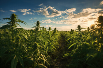 Hemp plantation field, marijuana, cannabis legalization concept - obrazy, fototapety, plakaty