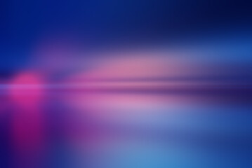 Abstract peaceful horizon over water at night. Defocused neon glow. Light flare overlay. Futuristic led illumination. Blur ultraviolet purple magenta pink blue color radiance on dark background. - 660400864