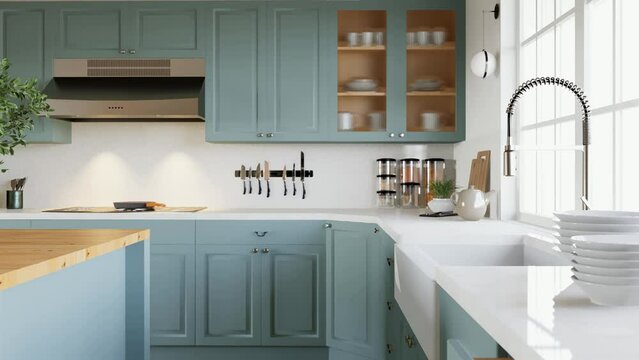 Large green U-shaped kitchen with island, wood countertops and cabinets.