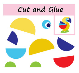  Educational paper game for kids. Cut parts of the image and glue on the paper. Cartoon parrot.