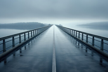 Obraz premium Modern highway highway bridge over a river in the fog