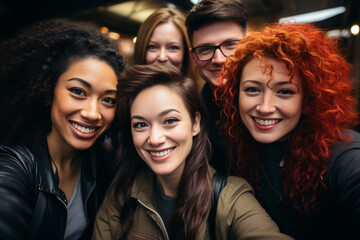 Selfie of a group of 5 different friends smiling at the camera in an indoor space.