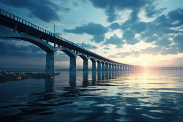 Fototapeta na wymiar Modern highway highway bridge over a river against a blue sky