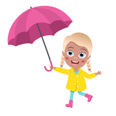 child jumping into a puddle. Cute little girl in a yellow raincoat holding an colorful umbrella in hand. Vector illustration of a little kid. Autumn outdoor activity. People character. Child