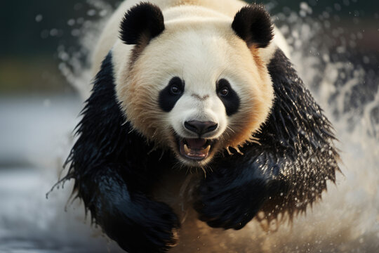 Huge panda running through puddles