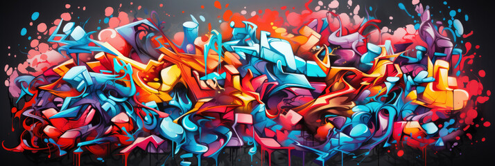 Colorful abstract graffiti on a city wall, street art. Horizontal banner - obrazy, fototapety, plakaty