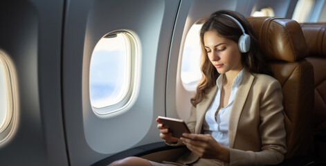 A girl on an airplane with headphones and a phone. panorama