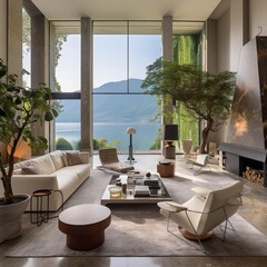 Central view of a deco style living room with minimalist furnishings and side windows