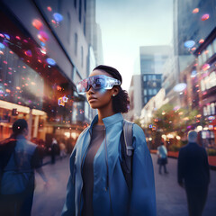 Confident Businesswoman in AR Glasses in Vibrant Metaverse Cityscape