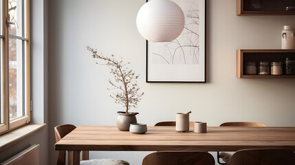 Scandinavian dining area with wooden table and geometric lamp