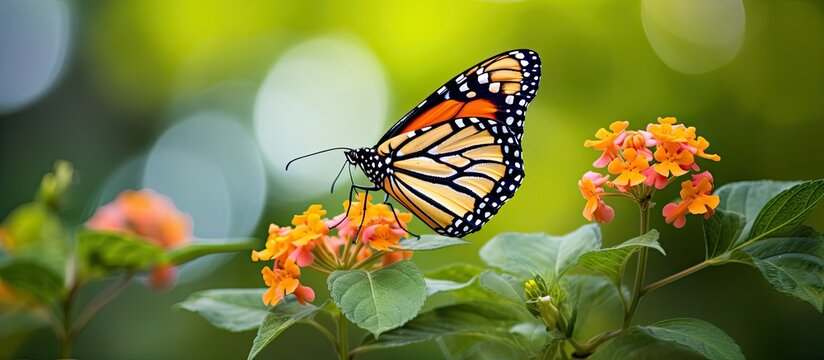 Stunning picture of monarch butterfly on flower in nature With copyspace for text