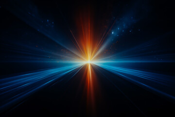 Abstract blue and orange lens flare, light effect. Illuminated lines, sun burst, sun beam. Dark technology background. Overlay or screen filter texture. Tech, business, science concept.