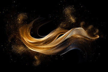 Abstract gold illuminated smooth wavy curved lines and golden sparkling dots, stars texture. Lights effect, lens flare, on dark technology background. Tech, business, science concept. 