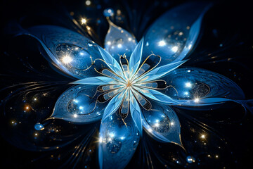 Fractal crystal flower in blue colors. Sparkling gold particles, stars and golden details. Glowing petals. Shiny fantasy floral pattern on dark background.