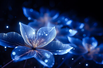 Fractal crystal flower in blue hues. Shiny fantasy floral with glowing petals on dark blurred bokeh background.