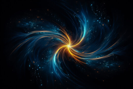 Abstract blue and gold illuminated smooth fractal spiral lines and sparkling dots, stars texture. Lights effect, lens flare, on dark technology background. Space and science concept. 