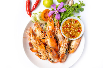 Top view grilled prawn on white background.