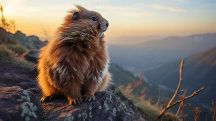 Fotobehang A curious marmot standing on its hind legs, with a mountainous backdrop, surveying its surroundings in the early morning light © Наталья Евтехова