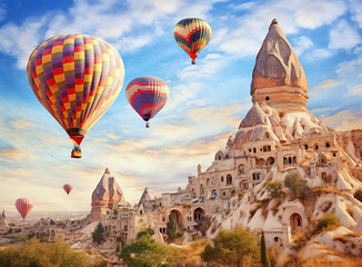 Fototapeta na wymiar An energetic hot air balloon gracefully ascends above the picturesque terrain of Cappadocia, Turkey, adding a touch of magic to the scene