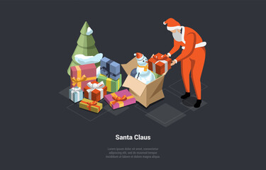 Concept Of Winter Holidays And Vacations. Happy Santa Puts Christmas Gifts in a Sack Near Beautiful Christmas Tree And Wishing Happy New Year And Merry Christmas. Isometric 3d Vector Illustration