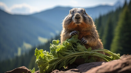 A marmot with its cheeks stuffed full of foraged food, framed by a landscape of rocky slopes and clear blue skies - obrazy, fototapety, plakaty