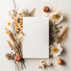 Autumn background with dried flowers, leaves and blank sheet of paper