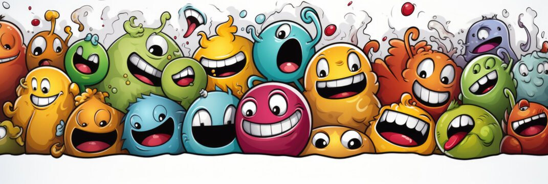 Funny faces of monsters with different emotions, in the style of colored graffiti. Horizontal banner