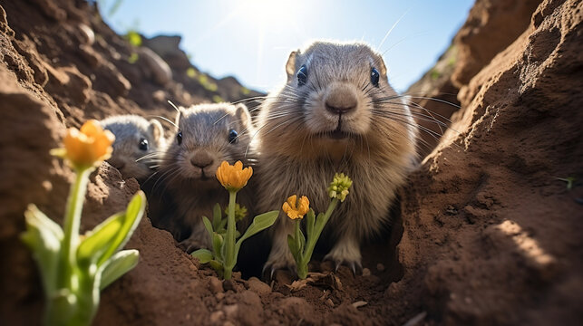 A family of marmots basking in the sun outside their burrow, nestled among rocks and vibrant alpine flora