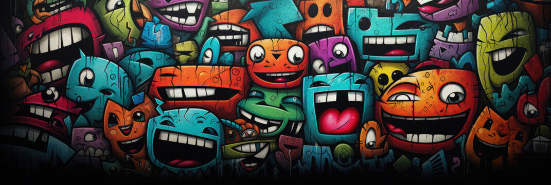 Funny faces of monsters with different emotions, in the style of colored graffiti. Horizontal banner