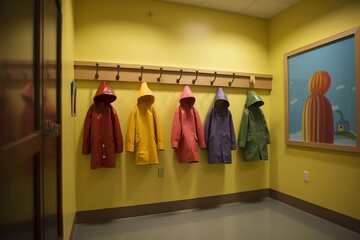 Entrance to preschool with coat rack. Generative AI