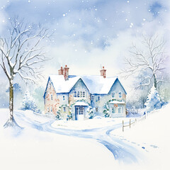 Naklejka premium Merry Christmas and Happy Holidays, watercolour printable art print, English countryside cottage as snow winter holiday Christmas card, thank you and diy greeting card design, country style