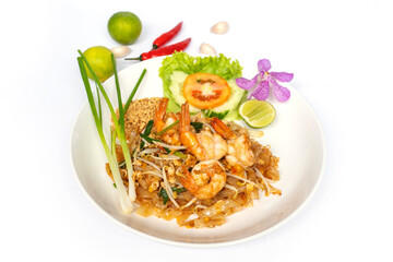 Pad Thai noodles with prawn on white isolated.