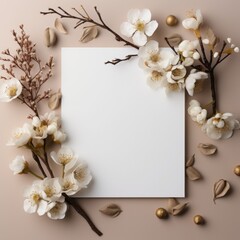 Autumn background with dried flowers, leaves and blank sheet of paper