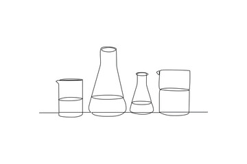 laboratory glasswares. Laboratory minimalist concept, drawing by simple continuous line. Laboratory element, laboratory activity, black and white background, simple line.