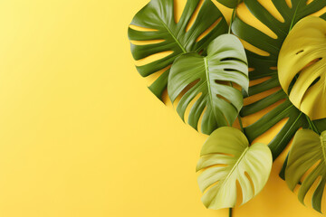 Fototapeta na wymiar Palm tropical monstera leaves on yellow. Background for the presentation of products