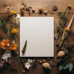 Autumn background with dried flowers, leaves and blank sheet of paper