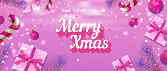 Merry Xmas sale web banner, fashion pink theme. Christmas horizontal banner, poster
