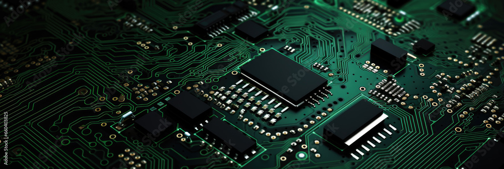 Poster circuit board with elements, electronics background. horizontal banner