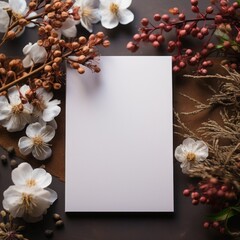Autumn background with dried flowers, leaves and blank sheet of paper
