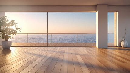 Perspective of empty modern living room on sea view