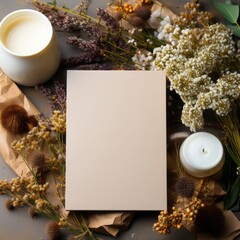 Autumn background with dried flowers, leaves and blank sheet of paper
