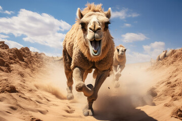 Camel running through the sandy desert