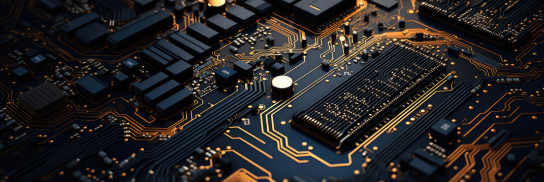 Close-up electronic circuit board, technology concept. Horizontal banner