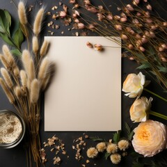 Autumn background with dried flowers, leaves and blank sheet of paper