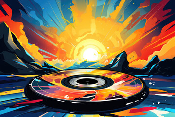 CD disc, bright creative music collage in drawing style