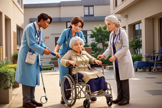 A doctor and a nurses provide health care to an old woman sitting in a wheelchair in the hospital courtyard