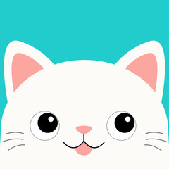 White cat smiling head face silhouette. Cute cartoon kawaii funny baby character. Pink cheeks, tongue. Funny doodle animal. Pet collection. Sticker print. Flat design. Blue background. Isolated.