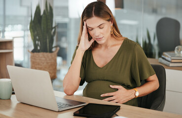 Stress, headache and pregnant woman with laptop in office with vertigo, tension or pain. Pregnancy, burnout and female manager with brain fog, low energy or anxiety while online on project proposal