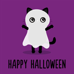 Cat wearing ghost spirit costume. Happy Halloween. Kitten holding hands up. Cute cartoon kawaii spooky baby character. Scary white ghosts. Greeting card. Violet background. Flat design